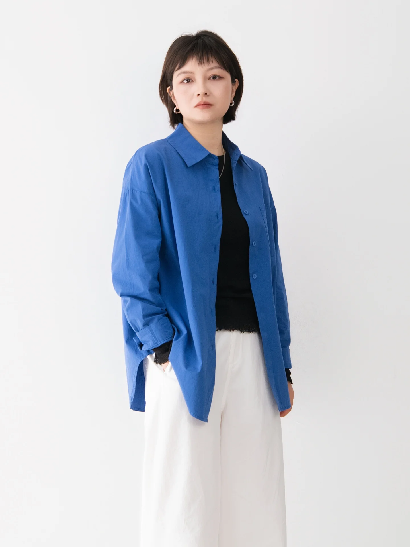 

Рубашка из чистого хлопка с длинными рукавами, женская повседневная синяя рубашка без воротника, молодежная простая универсальная хлопковая рубашка на все сезоны, женская модная одежда