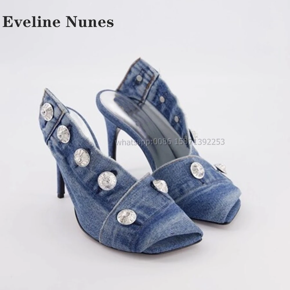 

Denim Peep Toe Splicing Sandals Casual Runway Show Spicy Girl Shoes 2024 Square Toe Stiletto Button Decor Sewing Sexy Ankle Boot