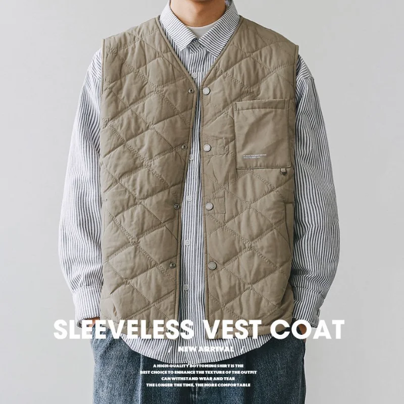 Japanese Autumn Winter Cotton Padded Vest Men Simple Casual Lightweight Warm Inner Tank Vest Workwear Cardigan Sleeveless Coats