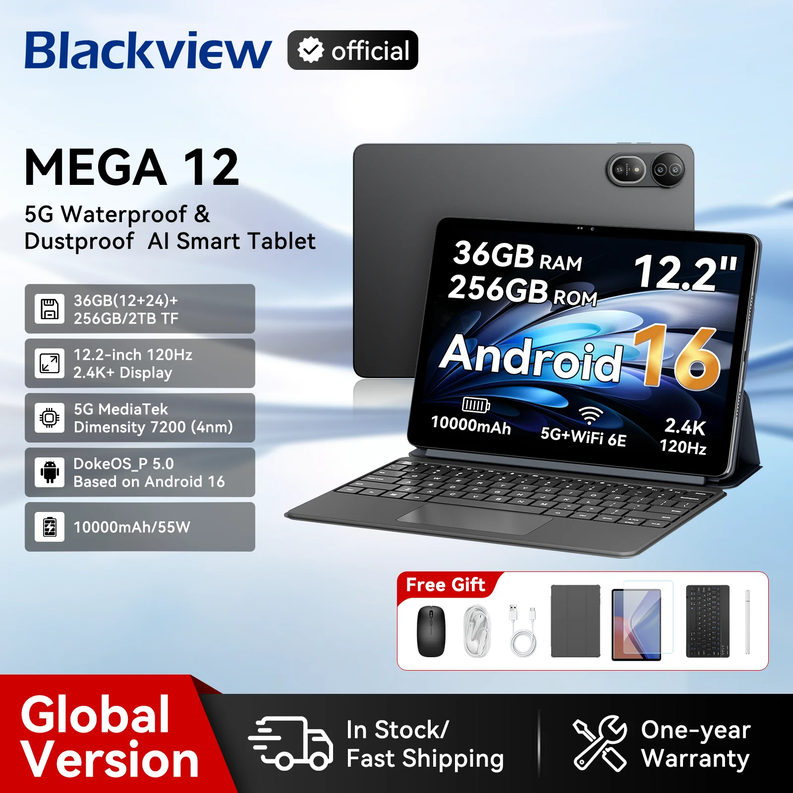 Blackview MEGA 12 Smart Tablet PC 12.2" 2.4K 120Hz Display Dimensity 7200 Dual 5G IP69K Waterproof AI Tablet with KBD NO Charger