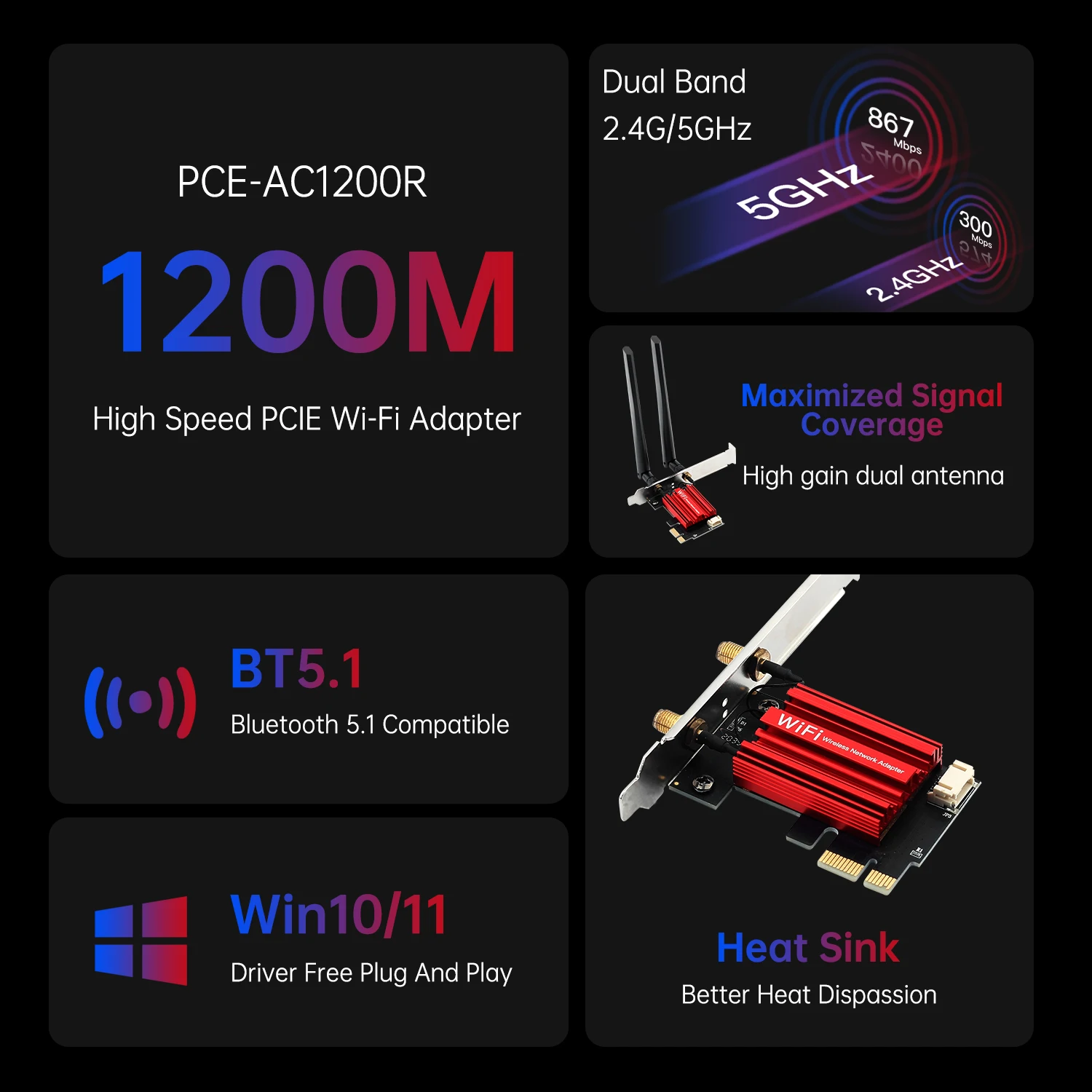 FENVI WiFi 5 AC1200 RTL8822CE PCIE WiFi محول ثنائي النطاق 2.4G/5 جيجا هرتز BT 5.1 802.11AC بطاقة الشبكة اللاسلكية للكمبيوتر ويندوز 10/11