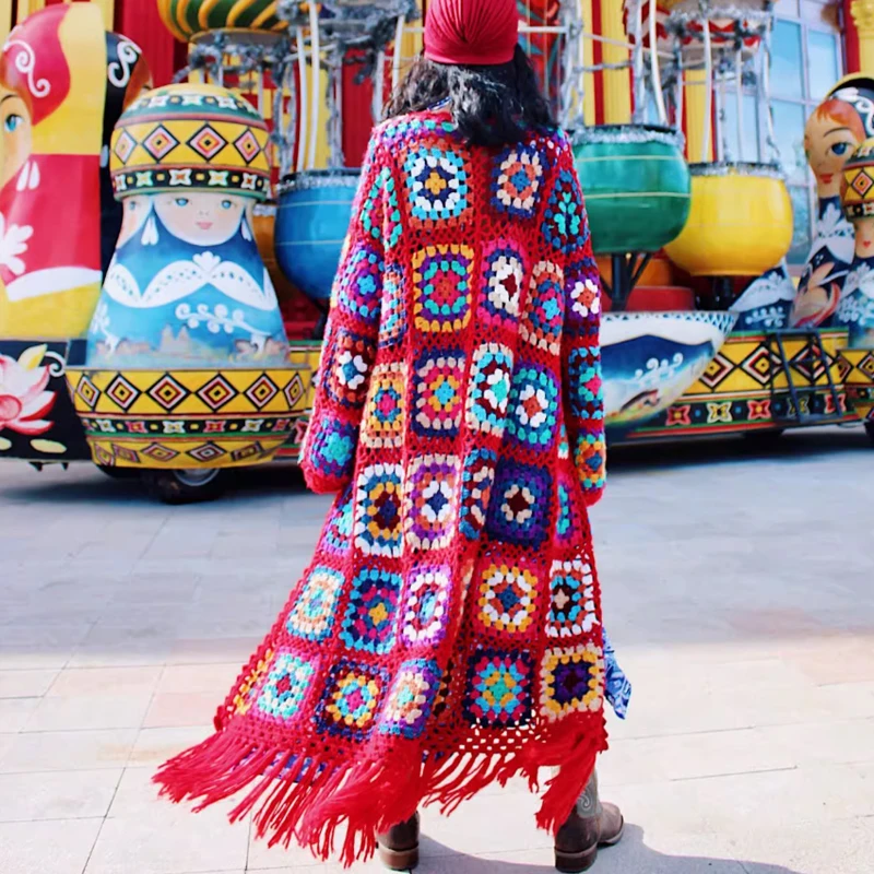Women's Handmade Crochet Crochet Flower Ethnic Style Grandmother Grid Red Tassel Jacket Handmade Crochet Sweater Customizable
