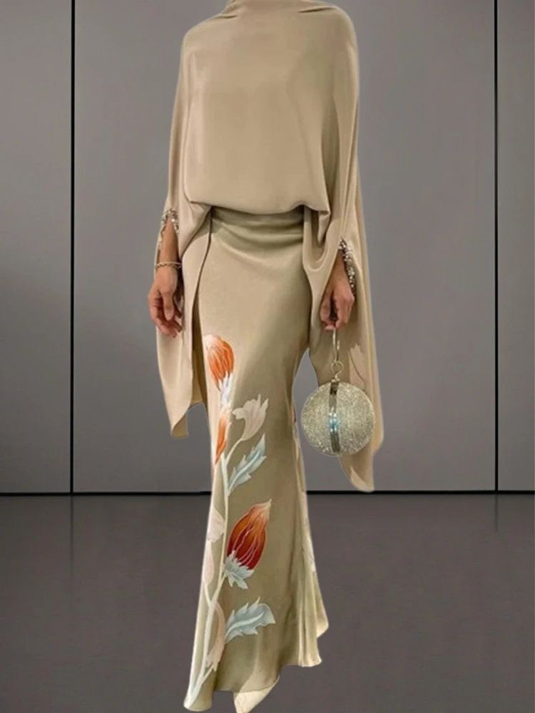 

Female Vintage Elegant Two Piece Sets 2025 New Solid Color High Neck Blouse & Floral Printed High Wiast Skirts Suits