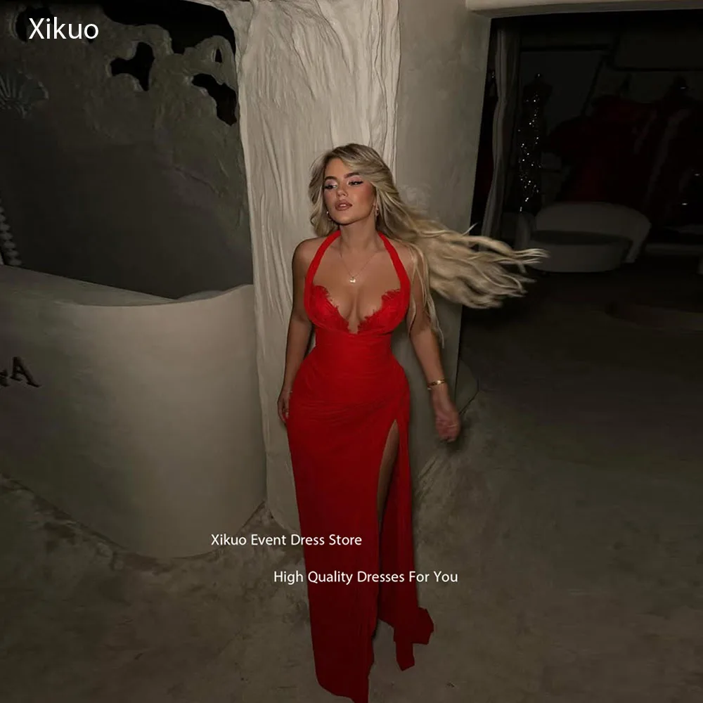 Xikuo Halter Neckline Sweetheart Evening Dresses Red High Side Slit Prom Dress Ruched Special Chic Occasion Gowns Customized