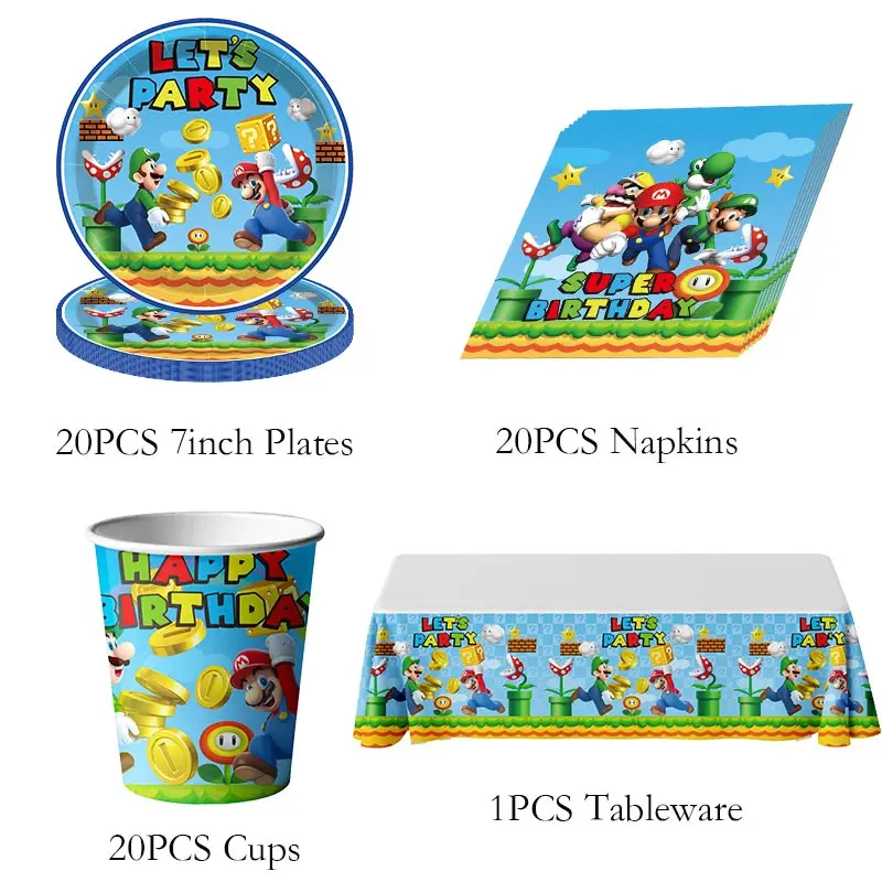 Super Mario Bros Birthday Party Decoration Game Mario Brother Theme Tableware Cup Plate Balloon Party Supplies Kids Backdrop
