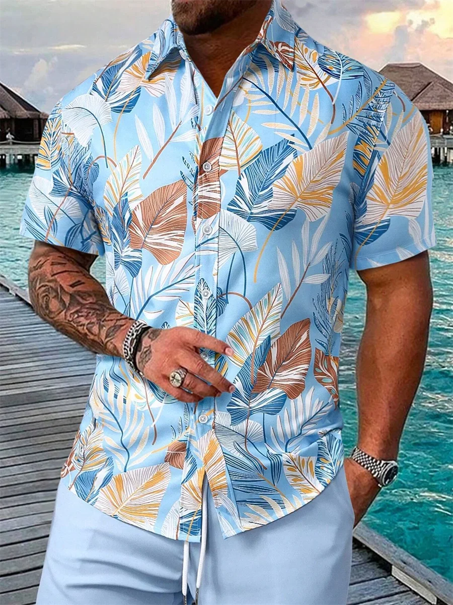 

Summer men's new fashion plant 3D printing lapel short-sleeved shirt beach leisure daily wearing large size XS-5XL