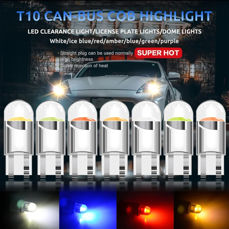 10PCS T10 DC 12V Car LED Light Canbus Glass COB 6000k Reading Dome Lamp Marker Wedge License Plate Light Bulb