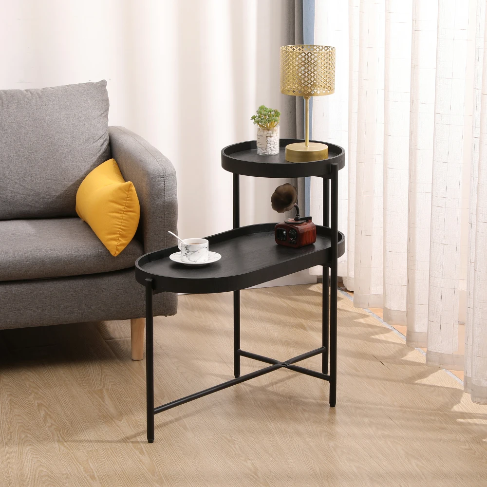 

2-Tier Black Side Table with Storage Sofa Table for Living Room Metal Frame & Wooden Desk End Table Coffee Table