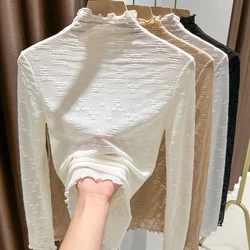 High Necked Lace Bottoming Shirt For Women Long Sleeved Slim Fit Mesh T-Shirt Spring Autumn Casual Tops Female