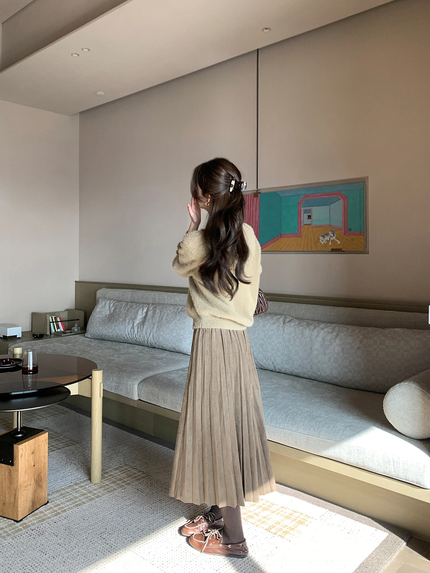 

Pusumede Vintage Suede Pleated Skirt Women's Midi Skirt Casual Sle Stand Fit Polyester Fabric Leisure Scene