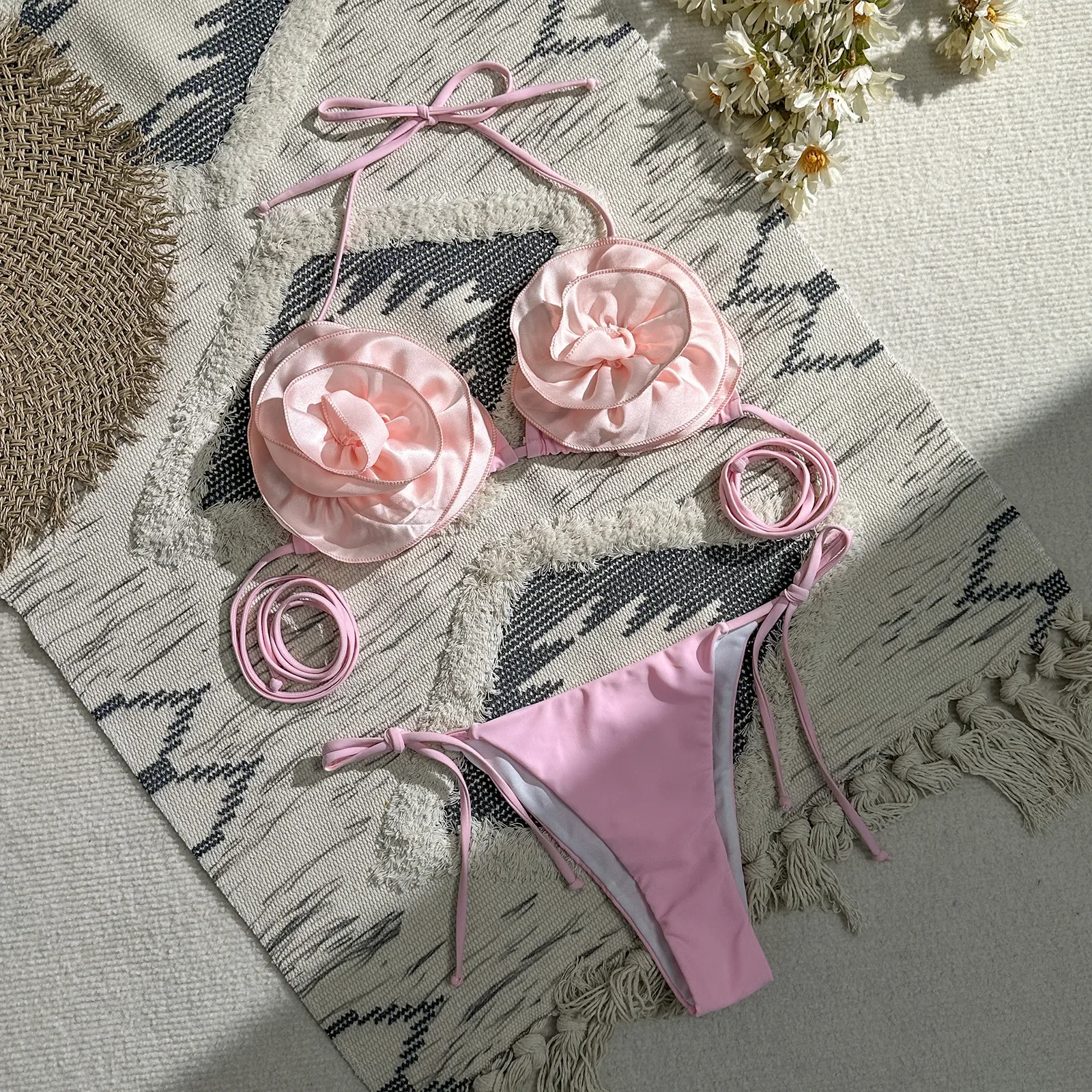 

sexy 3D flower micro mini bikinis sets triangle two pieces padded thong swimwear female bathing suit biquini