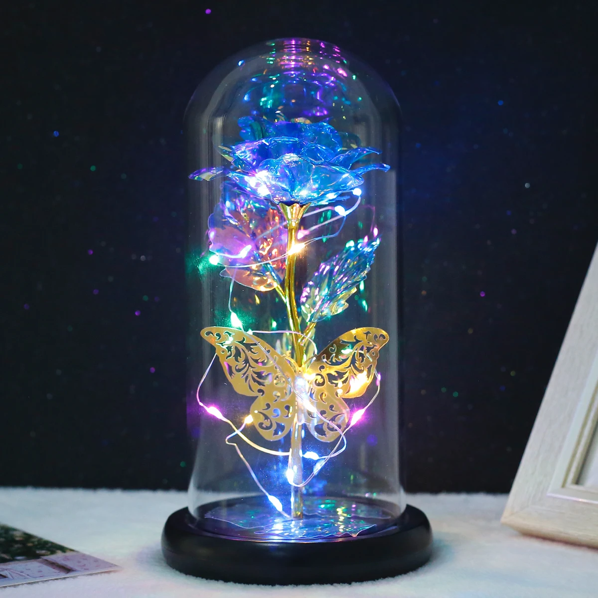 

Rose Light Artificial Galaxy Rose Lamp with Butterfly Colorful LED Rose Flowers In Glass Valentine's Mother Day Gift for Women