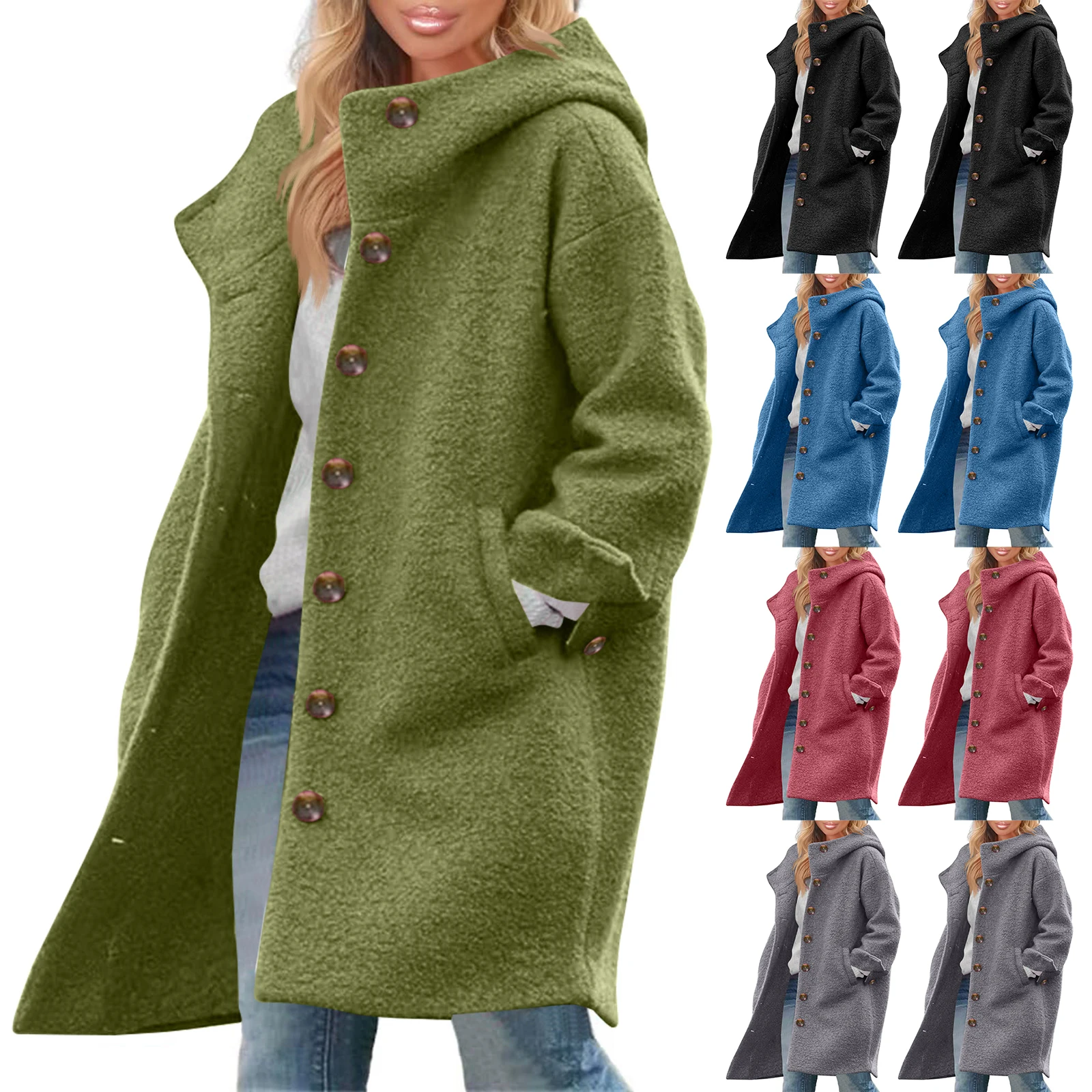 Womens Solid Color Jacket Casual Loose Fit Button Coats Button Up Long Sleeve Outerwear With Pocket Hooded Overcoat Jacket Coat