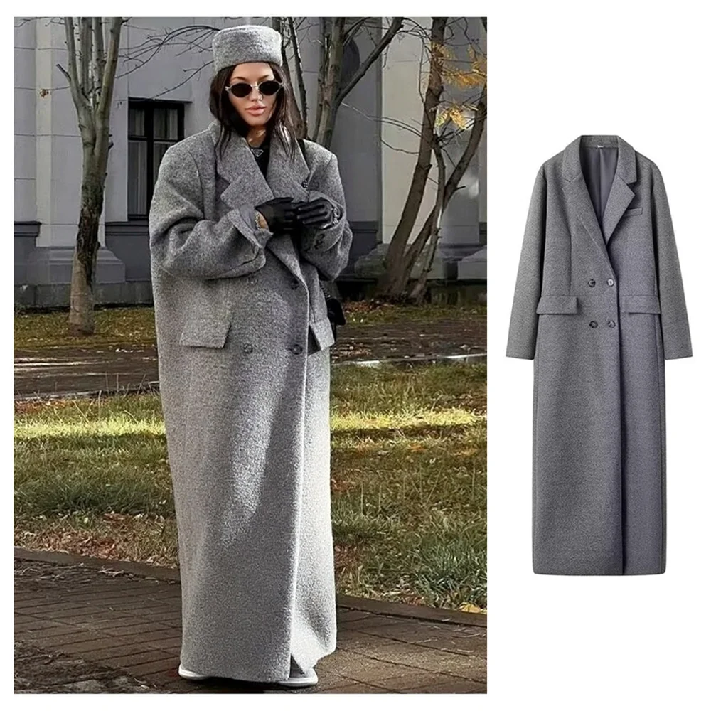 

2024 autumn new women's clothing fashion temperament double row button long woolen coat loose casual coat