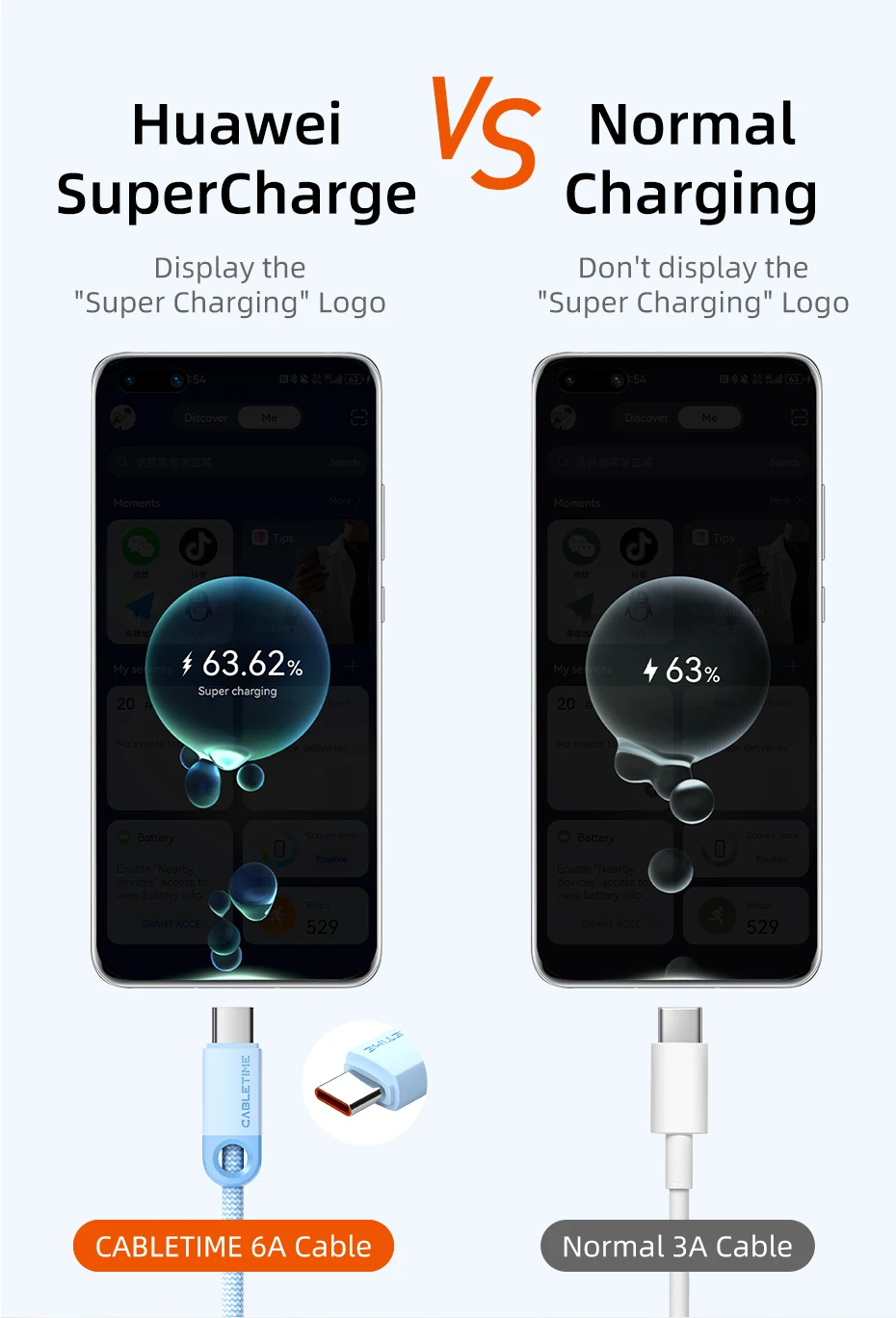CABLETIME USB A auf USB C Kabel 6A Super Ladung Telefon Kabel Für Huawei Mate 60 Honor 100 W/88 W XIAOMI Schnelle Ladekabel – Detail 5