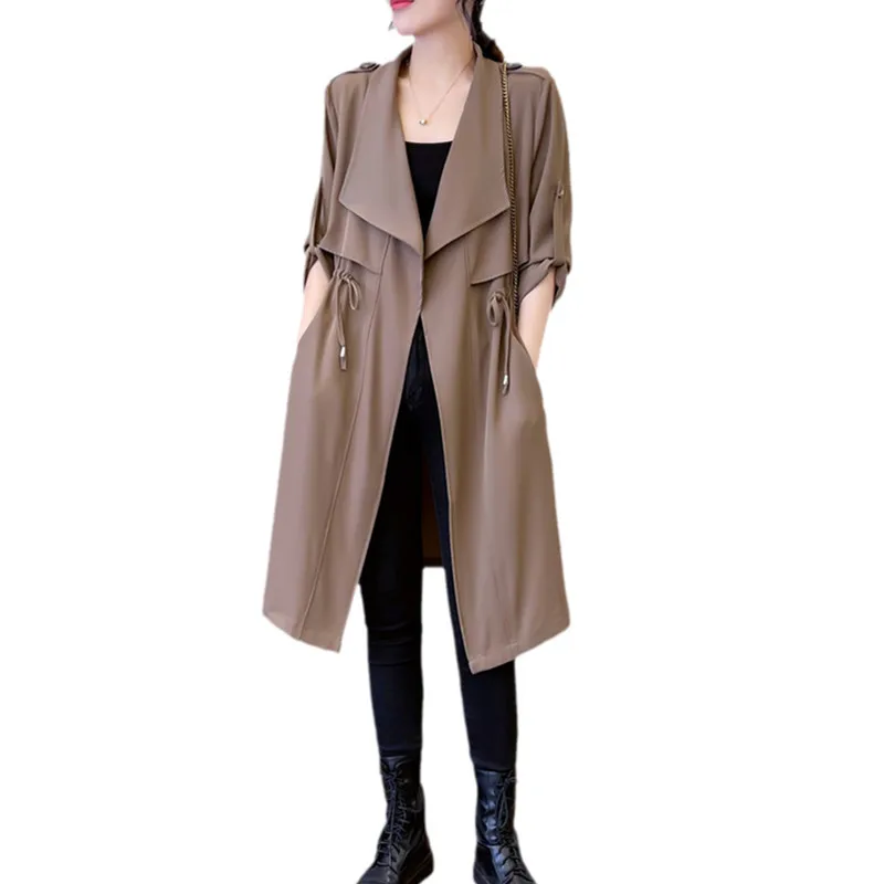 

2024Spring Autumn New Trench Coat Women Loose Windbreaker Mid Long Pockets Jackets Lapel Mid Sleeved Khaki Trenchcoat Waisted