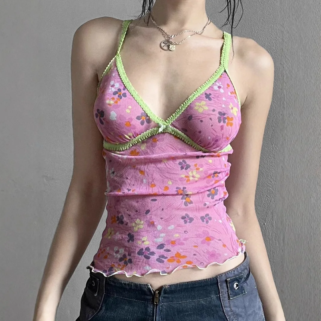

Girly little floral romantic V-neck contrasting strap camisole, women's fungus trim slim slim mesh top