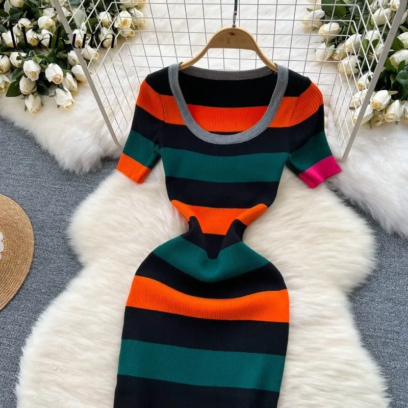 WAKUTA American Retro Square Neck Short-sleeved Color Collision Dresses Fashion Striped Slim Thin Knitted Robe De Soirée Orange