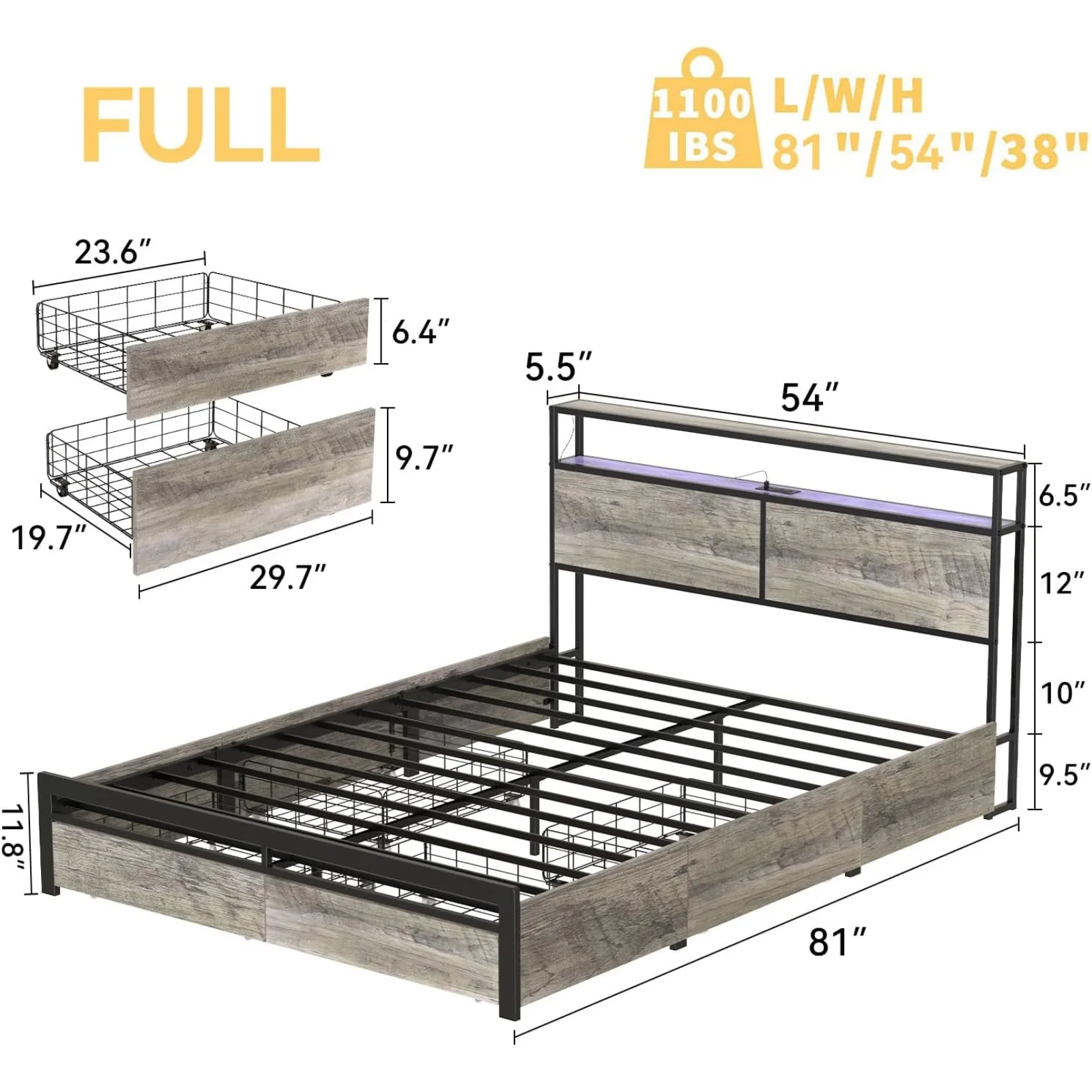 US LED Bed Frame Full Size with Headboard & 4 Storage Drawers Platform Bed Frame with 2 Charging Outlets and 2 USB Ports