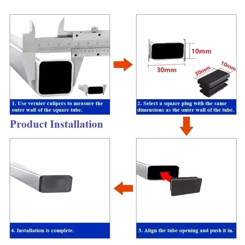 Rectangle End Caps Inserts Bung Table Chair Feet Black PE Square Plastic Furniture Tables Chairs Foot Pads Tube Pipe Plug
