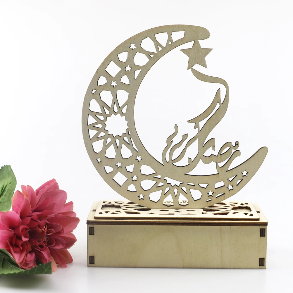 

1 Set Moon-Shaped Wooden Led Lamp Hollow Eid Corban String Light Islamic Festival Decoration Reusable Atmosphere Ornament For