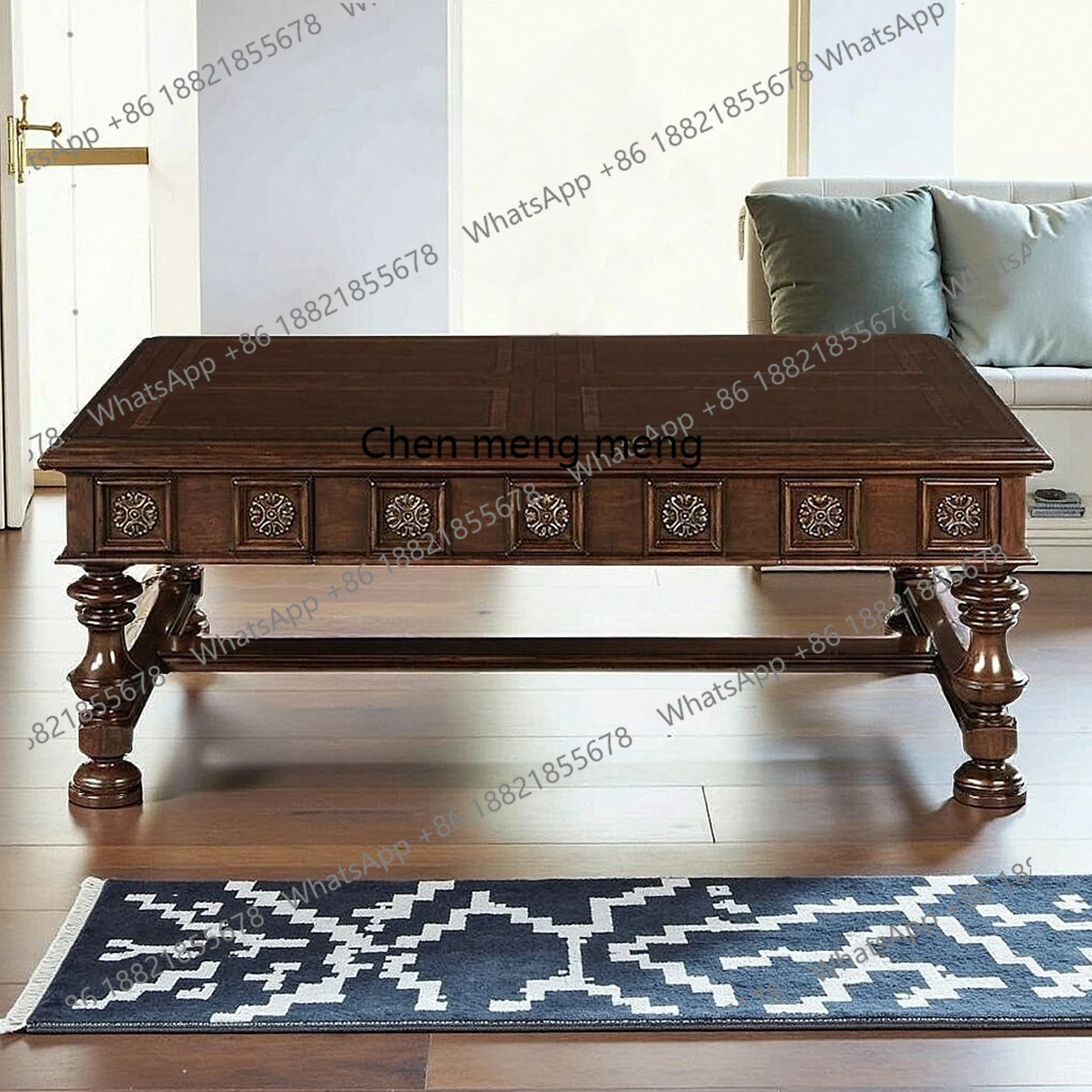 

Rural retro solid wood coffee table, living room long tea table European style, sofa side table