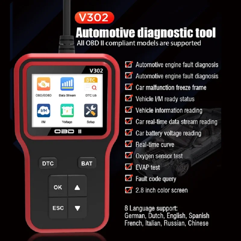 

V302 Professional OBD2 Diagnostic Scanner Tool Check Engine Light Fault Code Reader Car Fault Diagnostic Detector