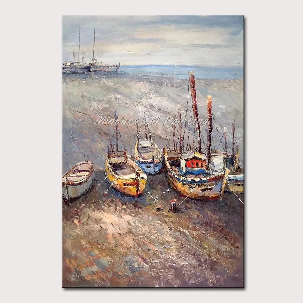 Mintura Hand-Painted Oil Paintings on Canvas,Sea and Fishing Boat Series Wall Picture for Living Room ,Home Decor Art  No Framed