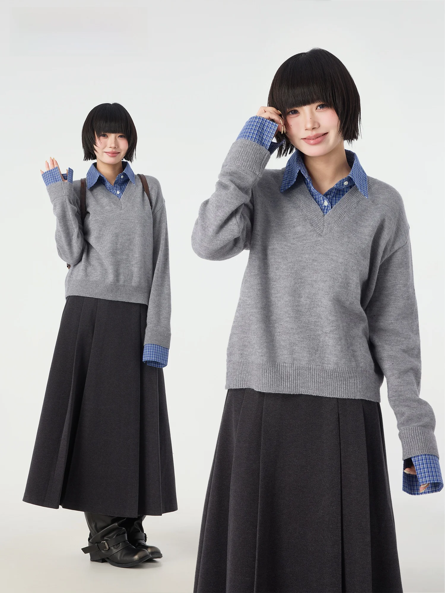 

Didimax Winter New ey Knitted irt Collar Patchwork Fake Two-Piece Sweater Academic Sle Long Sve Women's Loose Fit