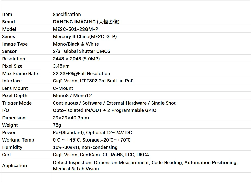 DAHENG ME2C-501-23GM-P 5MP Mono Global Shutter GigE PoE Industrial Machine Vision Camera
