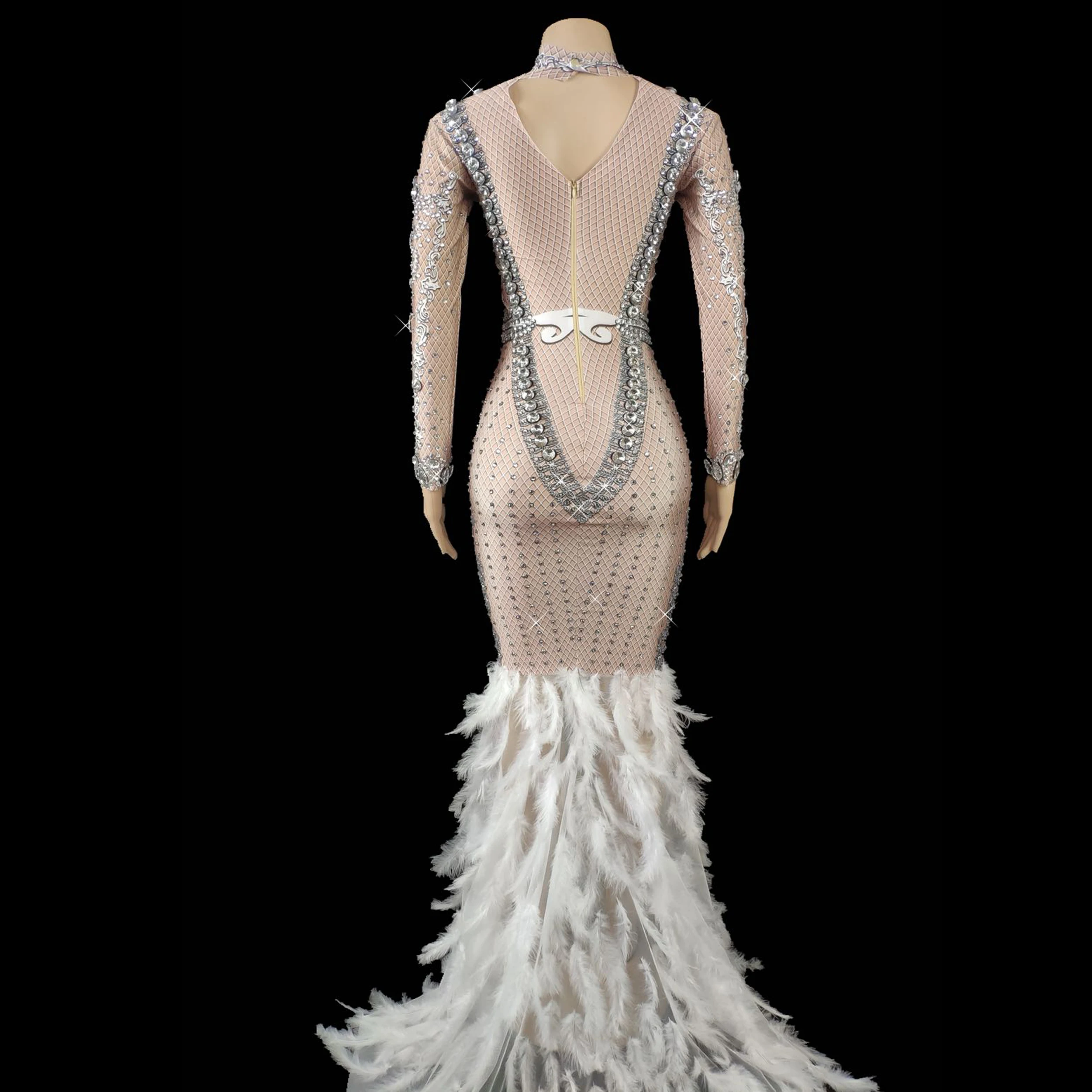 Sparkly Rhinestones White Feather Tail Dress Women Evening Prom Celebrity Party Birthday Long Dresses Singer Stage Costume