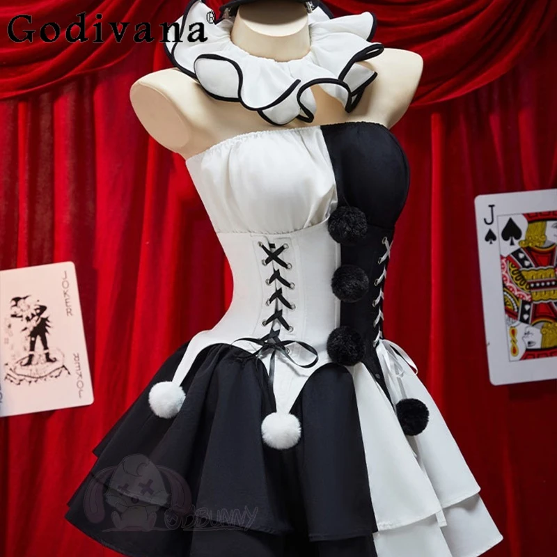 أبيض وأسود كتلة اللون تأثيري حلي المرأة هالوين القوطية مهرج تنورة مجموعة الإناث الصيف أنيمي كوس تنورة الزي #5