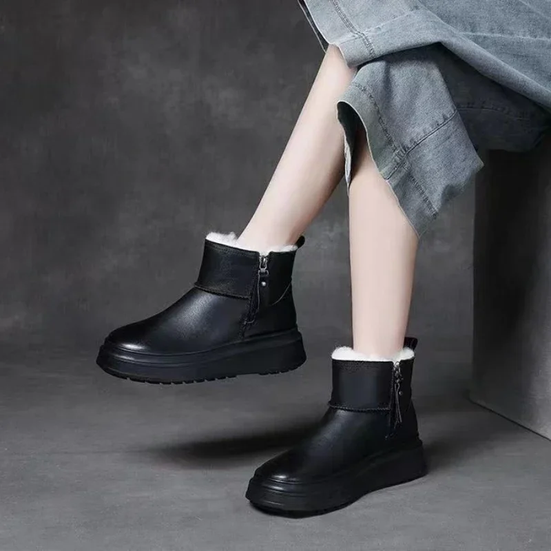 Leather Booties Round Toe Womens Snow Boots Tabi Flat Black Shoes for Women Ankle Boot Female Winter 2024 Novelty Spring Autumn