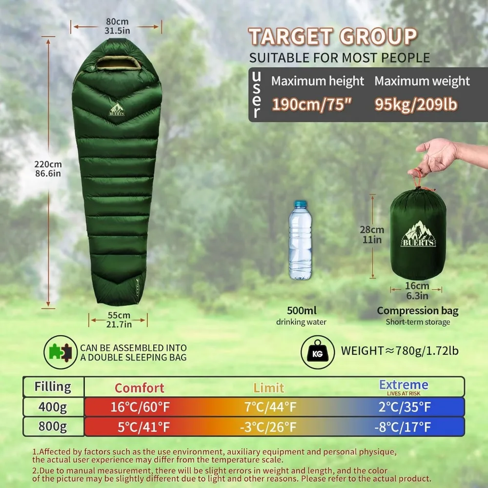 Ultralight Adult Backpacking Sleeping Bag 620 Fill Power, Ideal for Hiking, Camping, with Compact Storage Bag