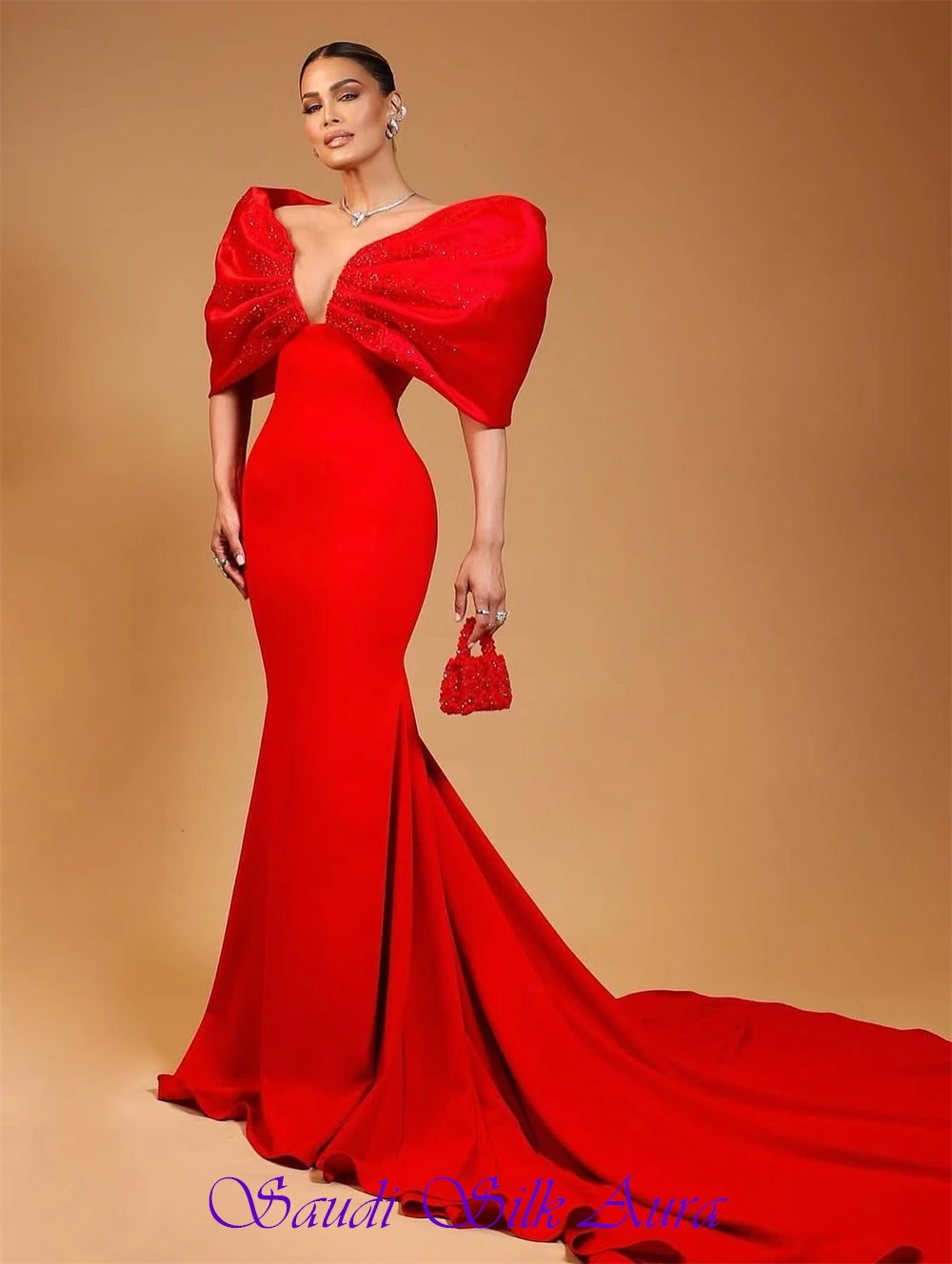 فستان سهرة أنيق من الجيرسيه الأحمر مخصص رسمي برقبة على شكل حرف V قبالة الكتف فستان الحفلات الناعم حورية البحر ذيل محكمة فستان العودة للوطن