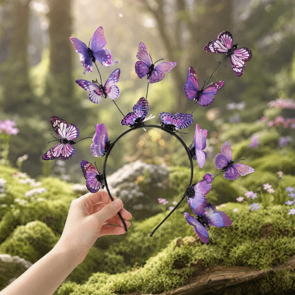 Korean Style Butterfly Headband Flower Ring Glow Simulation Fairy Headband Elegant Fashion Bridal Headpiece Stage Performances