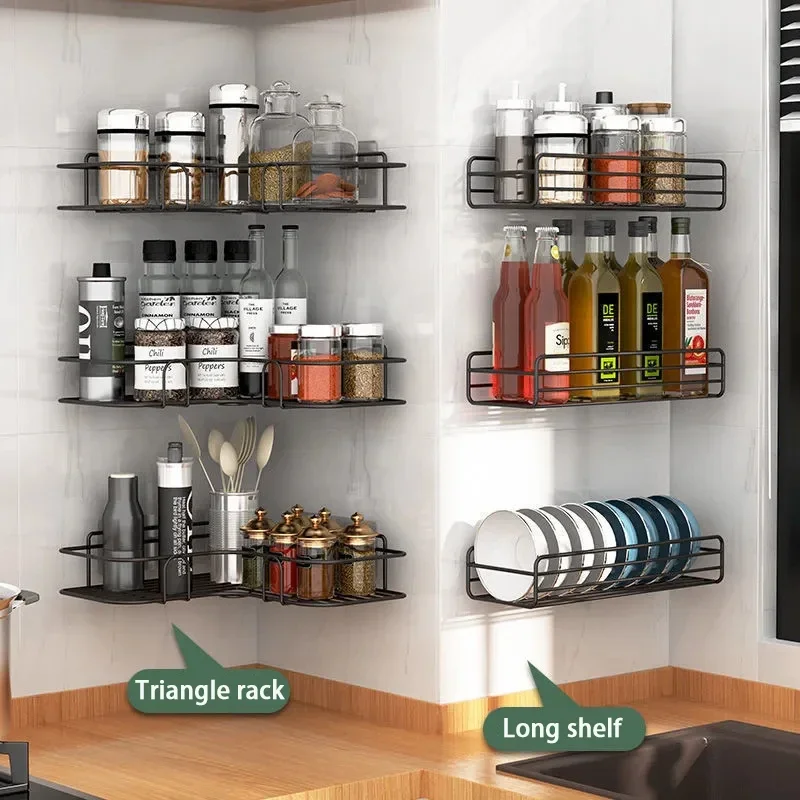 New Kitchen Shelf Drill-Free Metal Shelf Wall Mounted Spice Organizer Kitchen Multifunctional Corner Shelf Kitchen Accessories