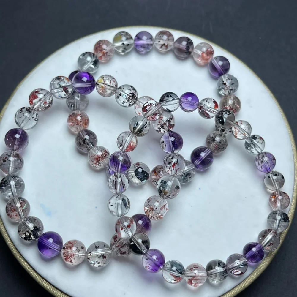 Natural Lycoris Pattern Super Seven Quartz Bracelet Purple Red Black Inclusion Crystal Round Beads Healing Spiritual Gemstone