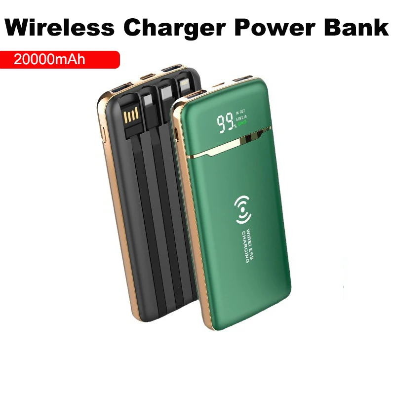 

20000mAh Wireless Power Bank Built in Cable Portable Charger Powerbank for iPhone 16 15 X Samsung Huawei Xiaomi External Battery