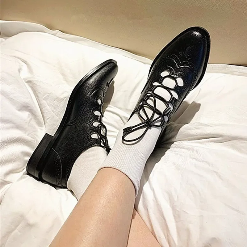 Women's genuine leather loafers 2024 British style new lace up hollow round toe high-end cowhide neutral formal low heel shoes