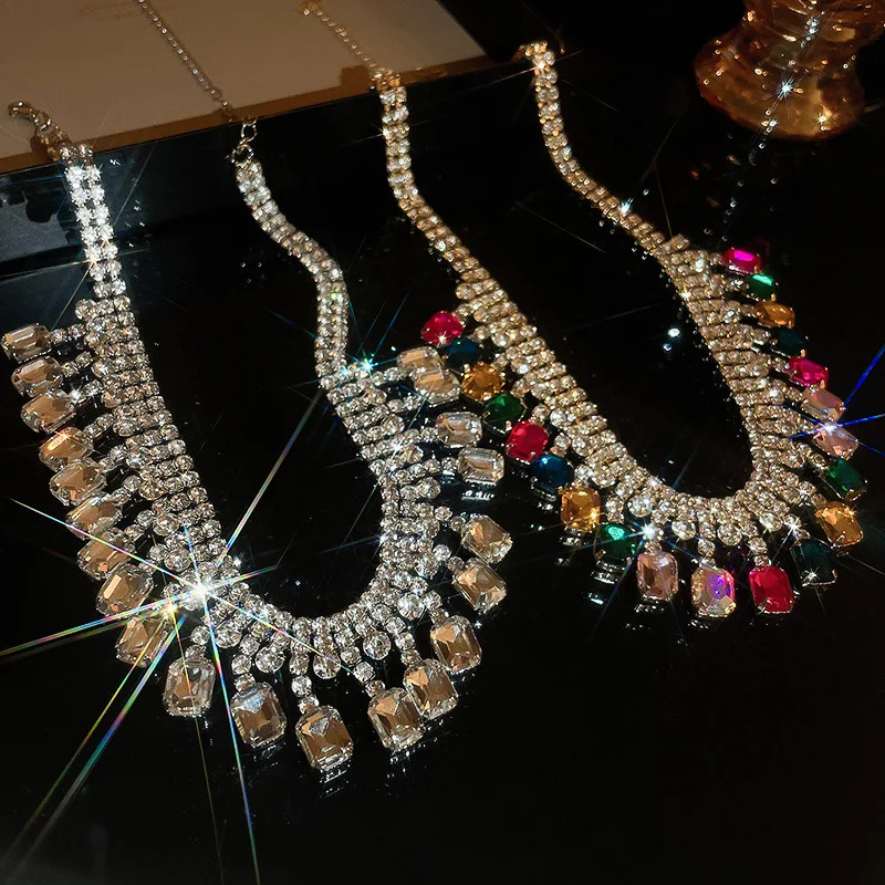 

Ailodo Colorful Crystal Pendant Tennis Chain Necklace For Women Luxury Party Wedding Necklace Simple Fashion Jewelry Girls Gift