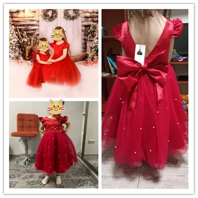 Summer Girls Lace Dresses For Kids 1-5 Year Flower Birthday Tulle Tutu Dress Backless Bow Princess Wedding Gown Kids Party Wear