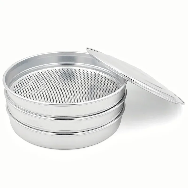 Pest Selection Sieve Set Chrome Round Hole Grain Selection Sieve Diam. 300mm Aperture 1.5 mm 2.5 mm Including Lid & Bottom 3 PCS