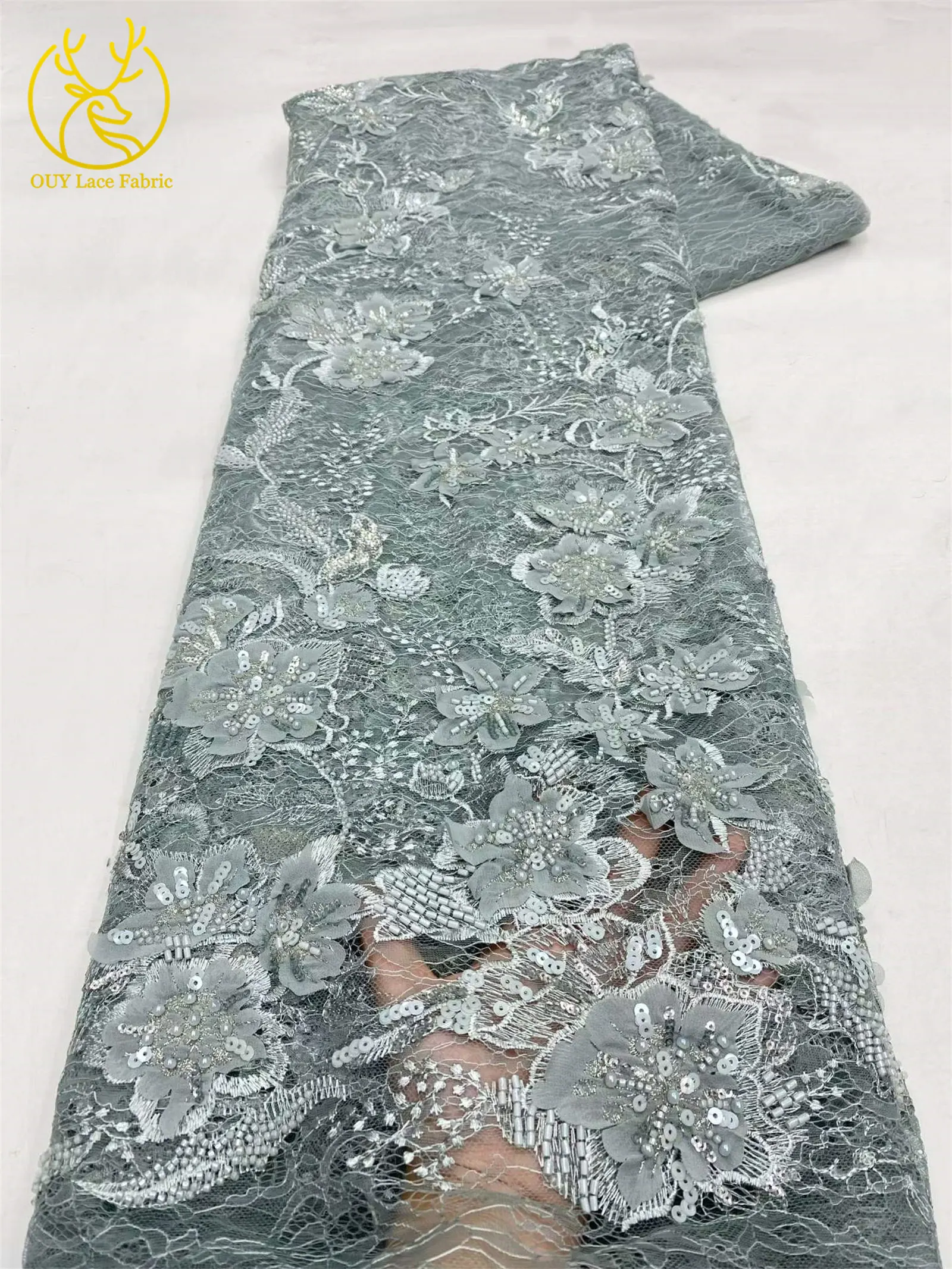Neuer Stil Afrikanischer 3D-Stickerei-Perlen-Blumen-Spitzenstoff 2026 Französischer Pailletten-Spitzenstoff zum Nähen von Brautkleidern und Partykleidern – Detail 18