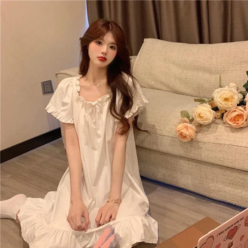 Short Sleeve Pajamas Dress Solid White Sleepwear Summer Sexy Lingerie Korean Fashion Pijama Casual Home Nightgown Female Dresses