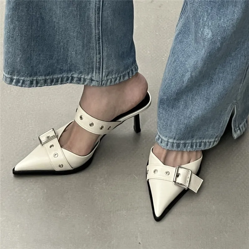 Punk Goth Metal Buckle High Heels Sandals Women Summer Pointed Toe Silver Party Shoes Woman Korean Style Thin Heels Sandals