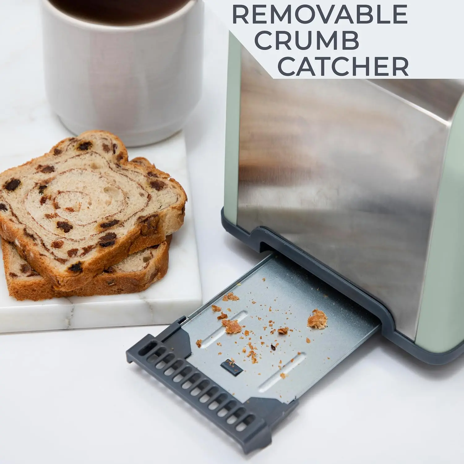 Stainless Steel 2 Slice Square Toaster, Wide Slot with 5 Browning Levels, with Bagel, Defrost and Cancel Options (Sage)