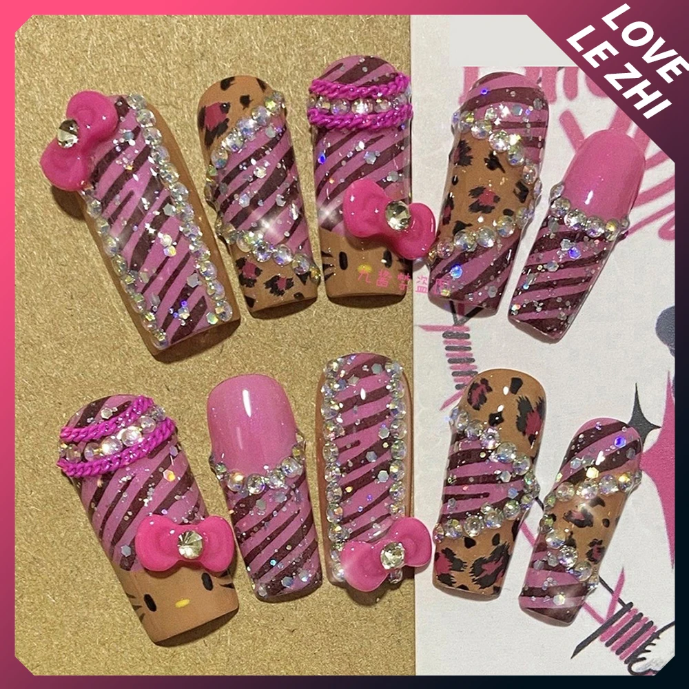 Sanrioed Hello Kittys Long Duck Handmade Press On Nails Y2K Leopard Print blossoms Wearable Reusable Fake Nail Customizable