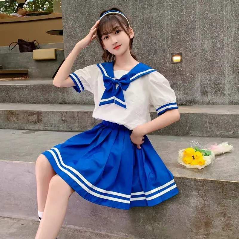 2023 Summer children set school striped teens Girl clothes JK Uniform Bow sailor Collar Blouse Shirt + solid blue Pleated Skirt