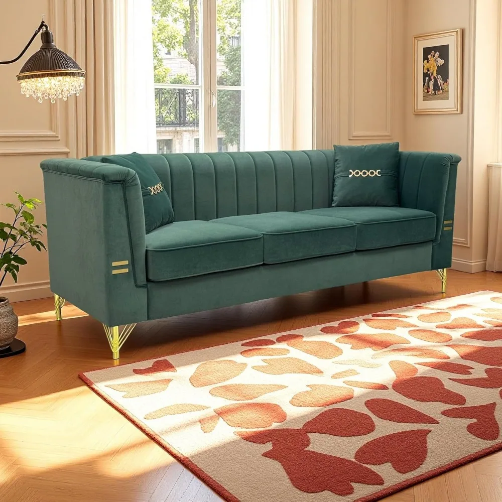 

83.46" Upholstered Chesterfield Couch, Modern 3 Seater Sofa with Tufted Back and Square Arms Wood Leg, Nailhead Sofa for Living